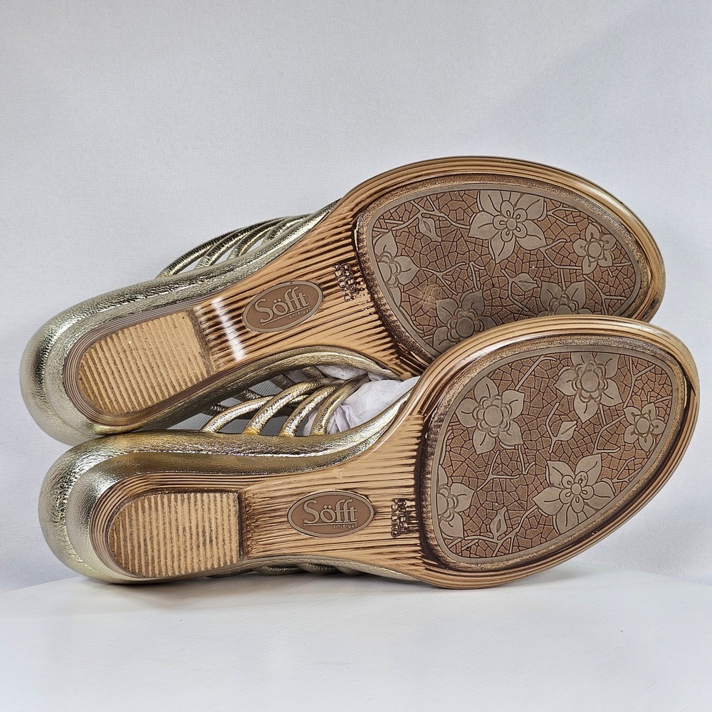 Sofft Gold Metallic Leather Wedge Thong Sandals Womens 7.5 M 1259095 Strappy - Picture 6 of 9